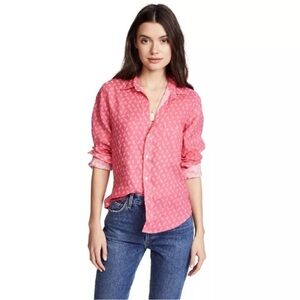 Frank & Eileen Barry Italian Linen Shirt Palm Tree Print L Pink